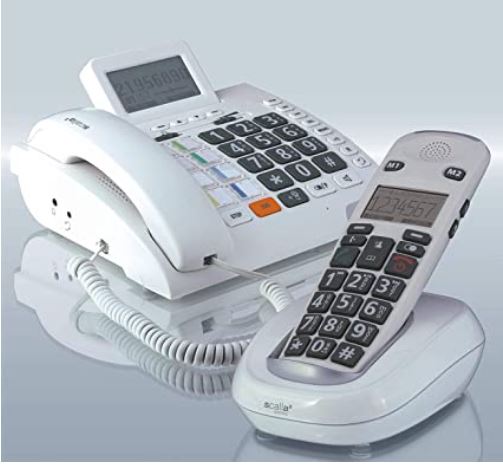 »Scalla-3 combo«: un teléfono fijo con función de llamada de emergencia y auricular inalámbrico.                                                                                                                                                          